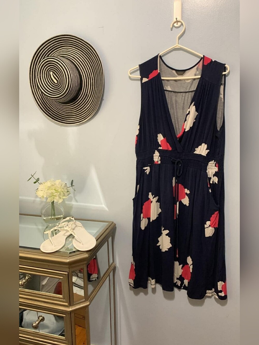 Denver Hayes Navy Sleeveless Wrap Dress with Red & Cream Floral